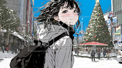 ホワイトクリスマスの街を歩く若い女性 | 379564-6620
