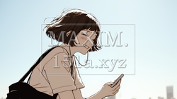 嬉しそうな表情でスマホを使っている女性（シンプルな色使い） | 3818625-11459