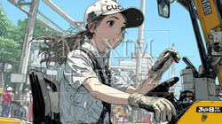 建設現場で重機を操作する若い女性