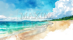 南国の島の浜辺と青い空のイラスト | 3827676-20087
