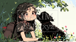 愛犬と散歩をしている女の子（クレヨン＋水彩画風）｜3829180-1022
