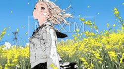 春風の中、菜の花畑にいる制服姿の女子高生 | 3837340-15369