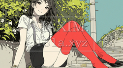 赤いストッキングをはいて道に座って男性を誘惑している若い女性