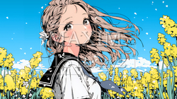 春風の中、菜の花畑にいる制服姿の女子高生 | 3849943-15356