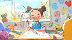 小学生の夏の思い出：お絵かき（クレヨン＋水彩画風）