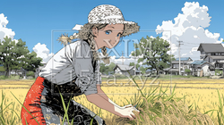 田んぼで農作業をしている女性 | 3855449-10565