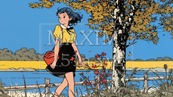 水辺の紅葉の小径を散策している若い女性｜3864967-5829