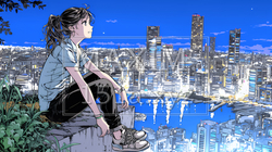 都市の夜景を眺めている女性