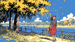 水辺の紅葉の小径を散策している若い女性｜3919918-15746