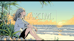 のんびり・ゆったり：夏のビーチで夕日を眺める若い女性 | 3917965-10419