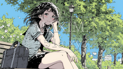 公園のベンチでひとり静かにくつろぐ若い女性｜3955760-898