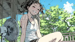 暑い夏の昼下がり、扇風機にあたって涼んでいる若い女性 | 3919941-10738