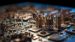 コンピュータ基板を擬似的に街並みに見立てたイメージ背景画像：精緻CG画像 | 3921157-716