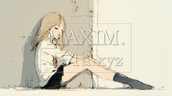 寂しそうに壁に寄りかかる女の子｜孤独と哀愁を感じる女性の人物イラスト｜3978070-18124