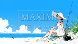 一人旅の若い女性と夏のビーチの風景（シンプルな色使い）｜226021-10017