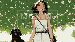 愛犬と散歩している若い女性（シンプルな色使い）｜3832050-10902