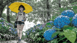 あじさいとカジュアルな服装の若い女性｜4071315-9224