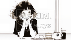 早朝のダイナー（喫茶店）でパンケーキ（モーニングセット）を食べる若い女性（シンプルな色使い）｜3772473-15634