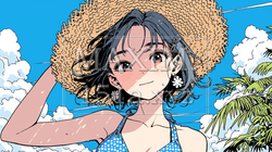 ビキニを着て南の島を散策中の若い女性
