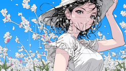 春風に飛ばされそうな帽子を、手で押さえる若い女性