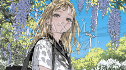 満開の藤の花の下を歩いている女子高生 | 3986375-7893