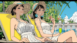 プールサイドのデッキチェアで談笑する女友達たち｜夏のリゾートで過ごすリラックスしたライフスタイルイメ | 4013743-17614