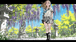 満開の藤の花の下を歩いている女子高生 | 4015754-7896