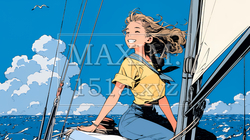 ヨットに乗っている若い女性