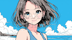 青い空と青い海と入道雲とビキニを着た女性