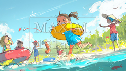 小学生の夏の思い出：海水浴（クレヨン＋水彩画風）