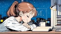 資料（本）を読みながら、うとうと眠ってしまう若い女性 | 4064690-16013