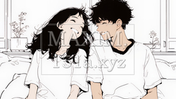 幸せそうなカップル：リビングルームて談笑（シンプルな色使い）｜4074142-11127