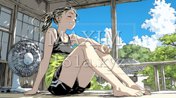 暑い夏の昼下がり、扇風機にあたって涼んでいる若い女性 | 4076615-10736