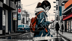 スマートフォンを見ながら街歩きをしている女性：歩きスマホの女性 | 4109956-20417