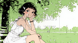 公園のベンチでひとり静かにくつろぐ若い女性（シンプルな色使い）｜4146614-12017