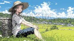 田んぼで農作業をしている女性