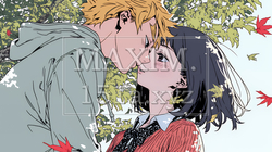 秋の紅葉の下でキスをしている若い恋人たち｜4139753-16577