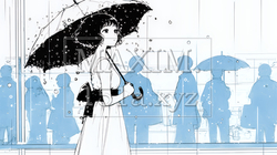 雨の日に傘をさして歩く若い女性（シンプルな色使い）｜4162828-9270