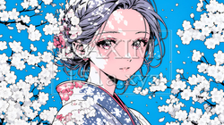 満開の梅の花と和服姿の若い女性