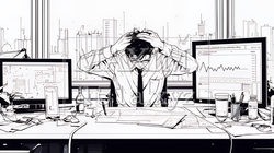 金融市場の急激な変動で頭を抱えている男性（シンプルな色使い） | 4175738-16496