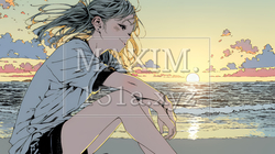 のんびり・ゆったり：夏のビーチで夕日を眺める若い女性