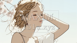 満開の桜の下、春風に乱れた髪を整える若い女性（シンプルな色使い） | 4186192-15093