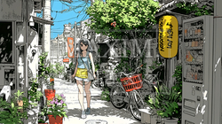沖縄の町の裏通りを一人で歩く若い女性