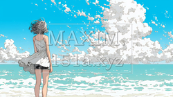 夏の海と入道雲と若い女性 | 4215683-10829