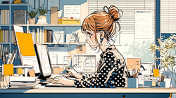 PCで資料作りをしている若い女性