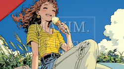 夏空の下でソフトクリーム（コーンに乗ったアイスクリーム）をたべる若い女性｜4365016-9929