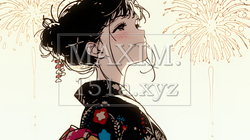 打ち上げ花火を見ている浴衣を着た若い女性（シンプルな色使い） | 4238978-10808