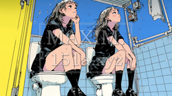 自問自答：対話する二人の私：学校のトイレでもう一人の自分と自問自答している女子高生