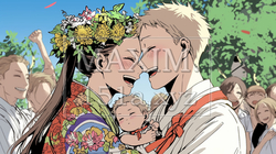 子連れで結婚式を挙げている若い新郎新婦