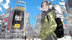 雪の積もる冬の都会を散策している若い女性
